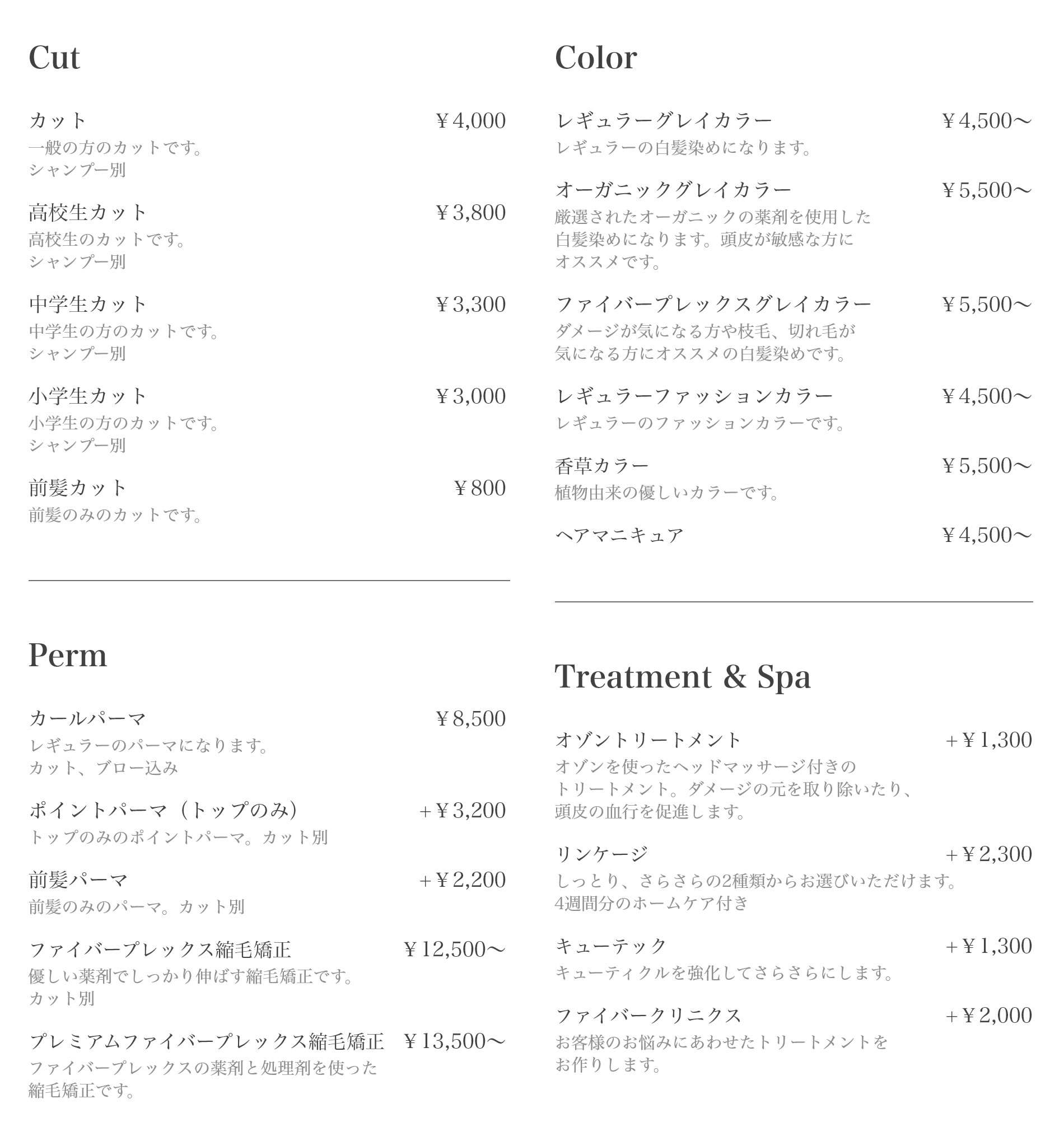 ヘアメニュー