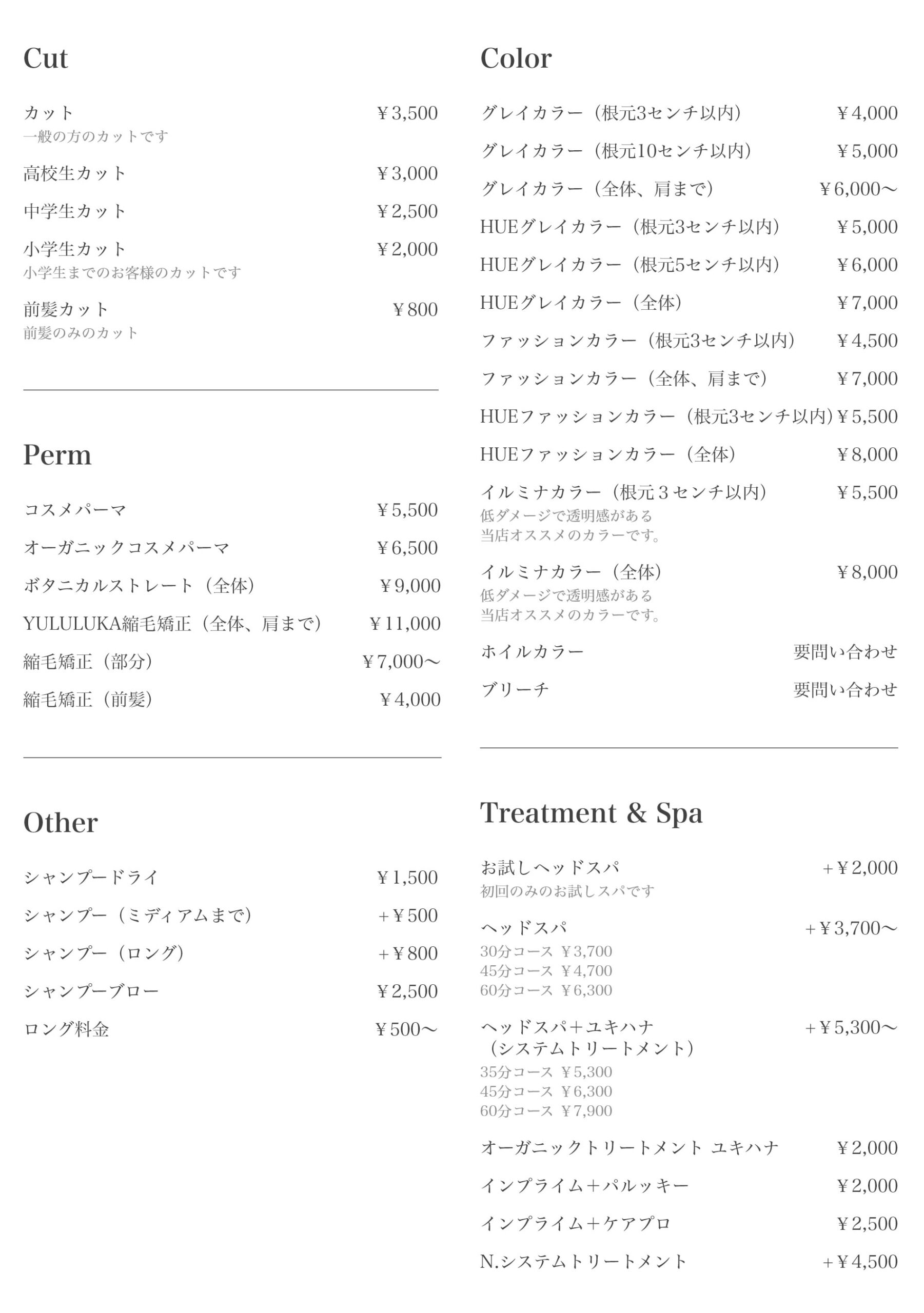ヘアメニュー