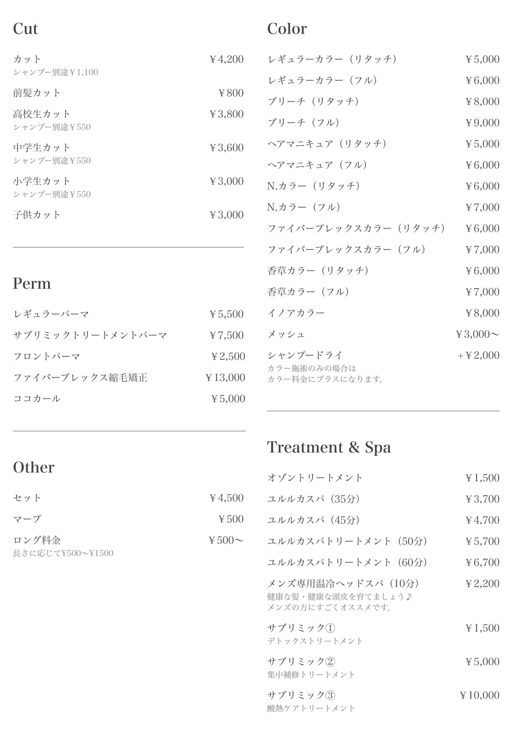 ヘアメニュー