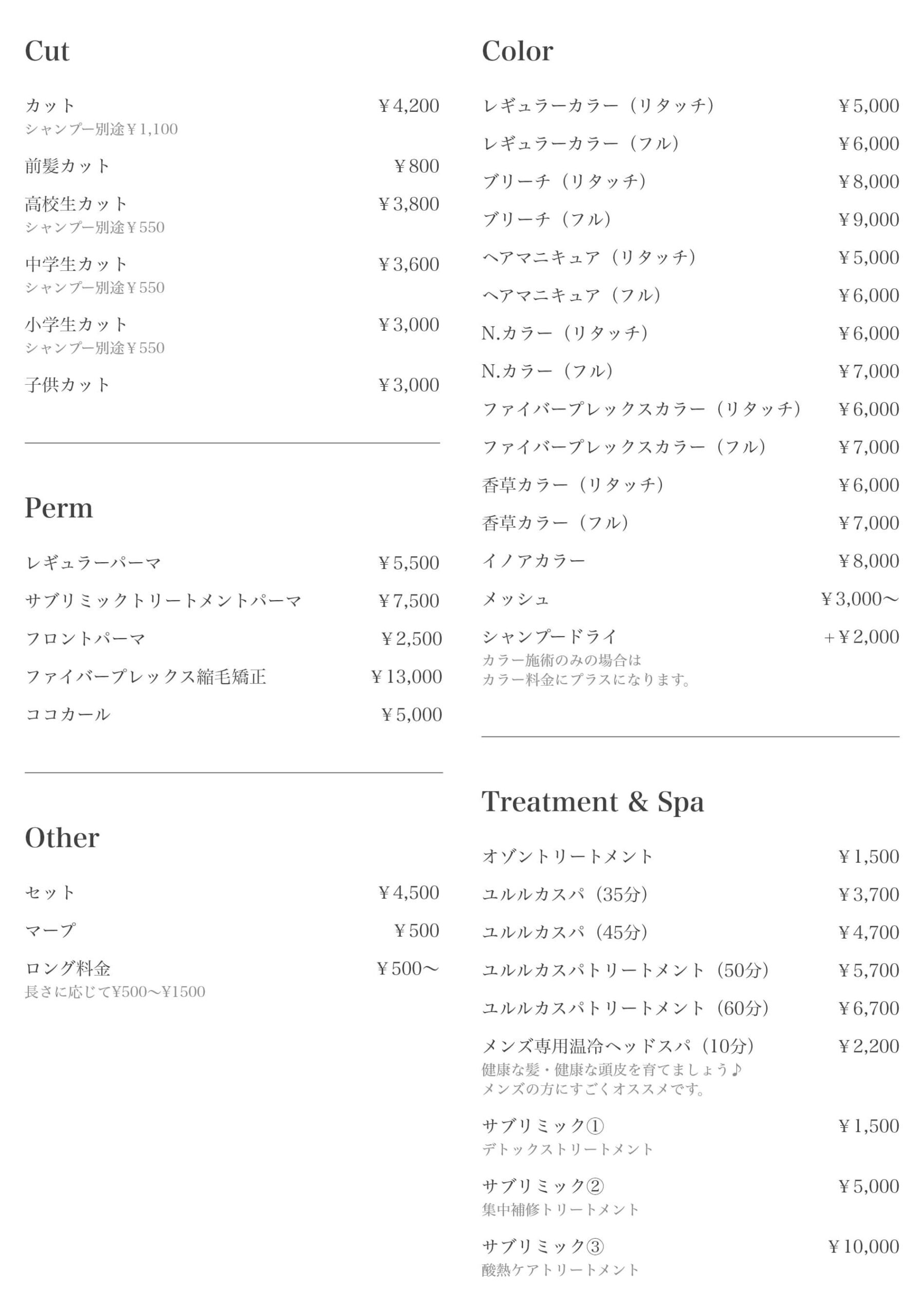 ヘアメニュー