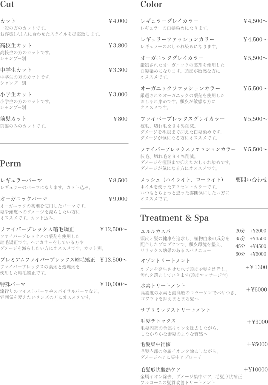ヘアメニュー