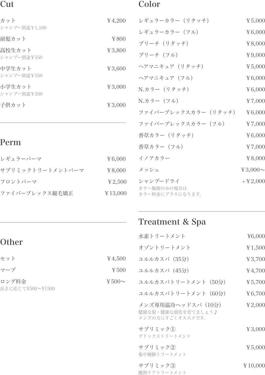 ヘアメニュー
